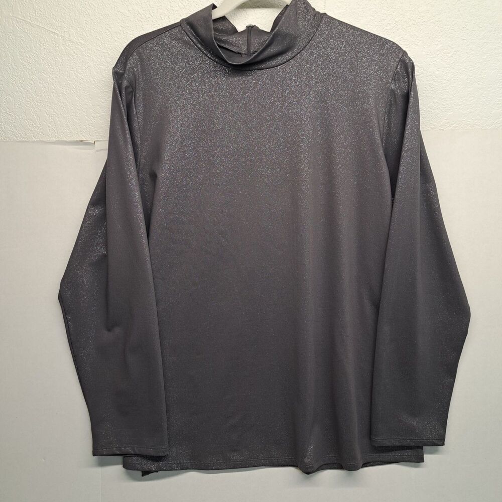 Susan Graver Gray Metallic Mock Zipper Turtleneck Blouse Women's 1X